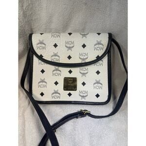 MCM Vintage White Visetos Monogram Small Flap Crossbody Bag Black Trim